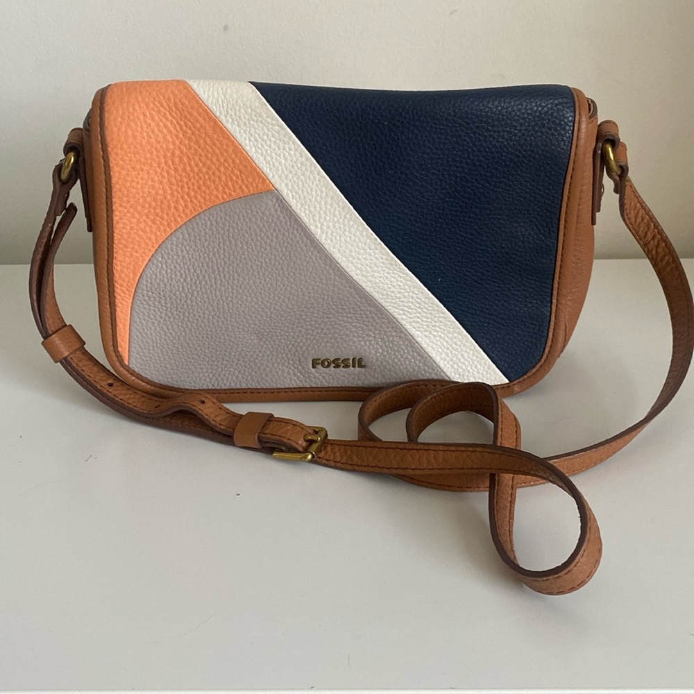 FOSSIL Color Block Leather Crossbody Bag Adjustable Strap Classic Spring Summer